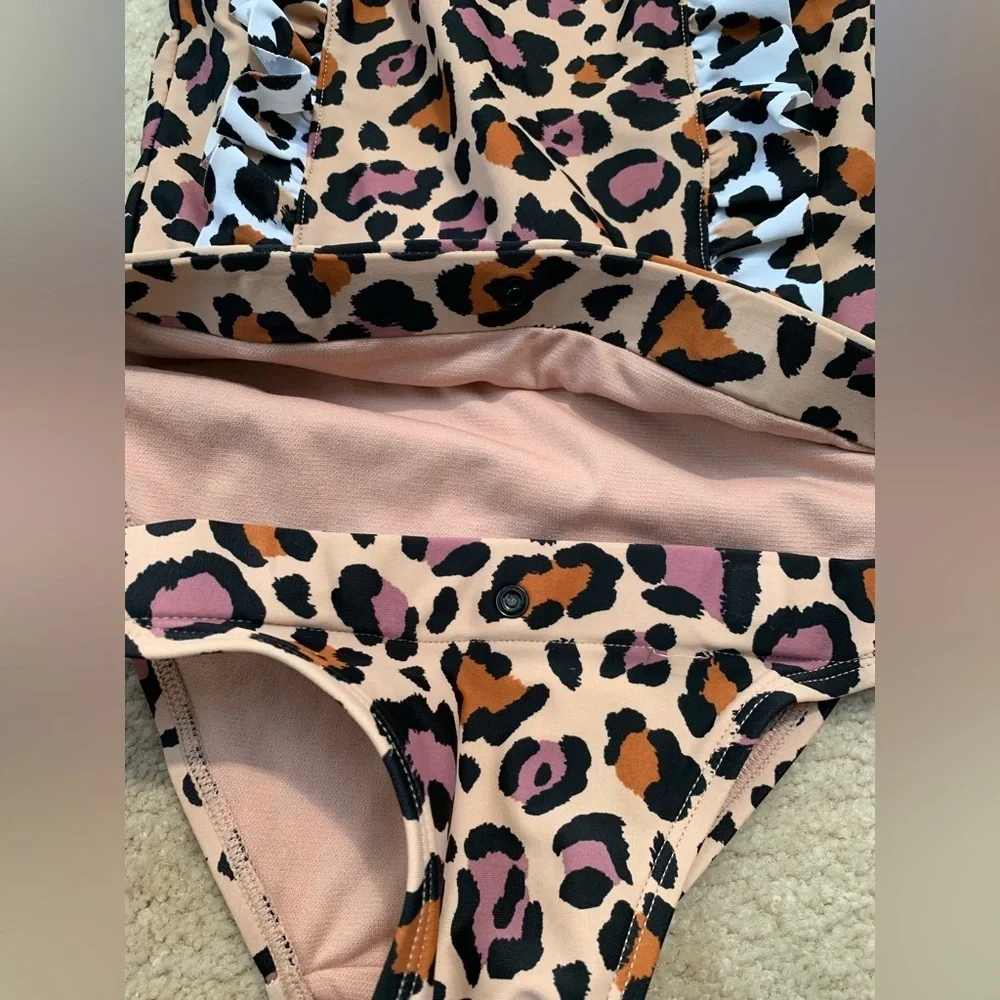 Wowease Size 4T Leopard Print One Piece Ruffle Swimsuit with Magnetic Closure